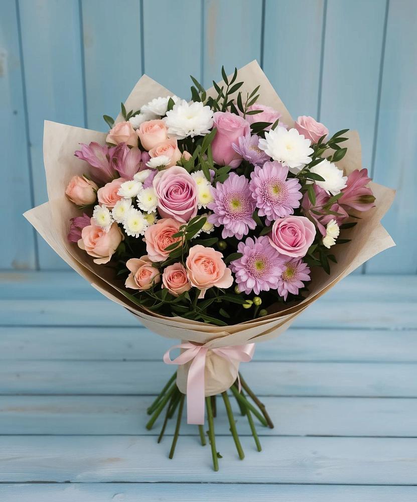 Букет цветов из: Хризантемы, Розы и Альстромерии в Ерзовке