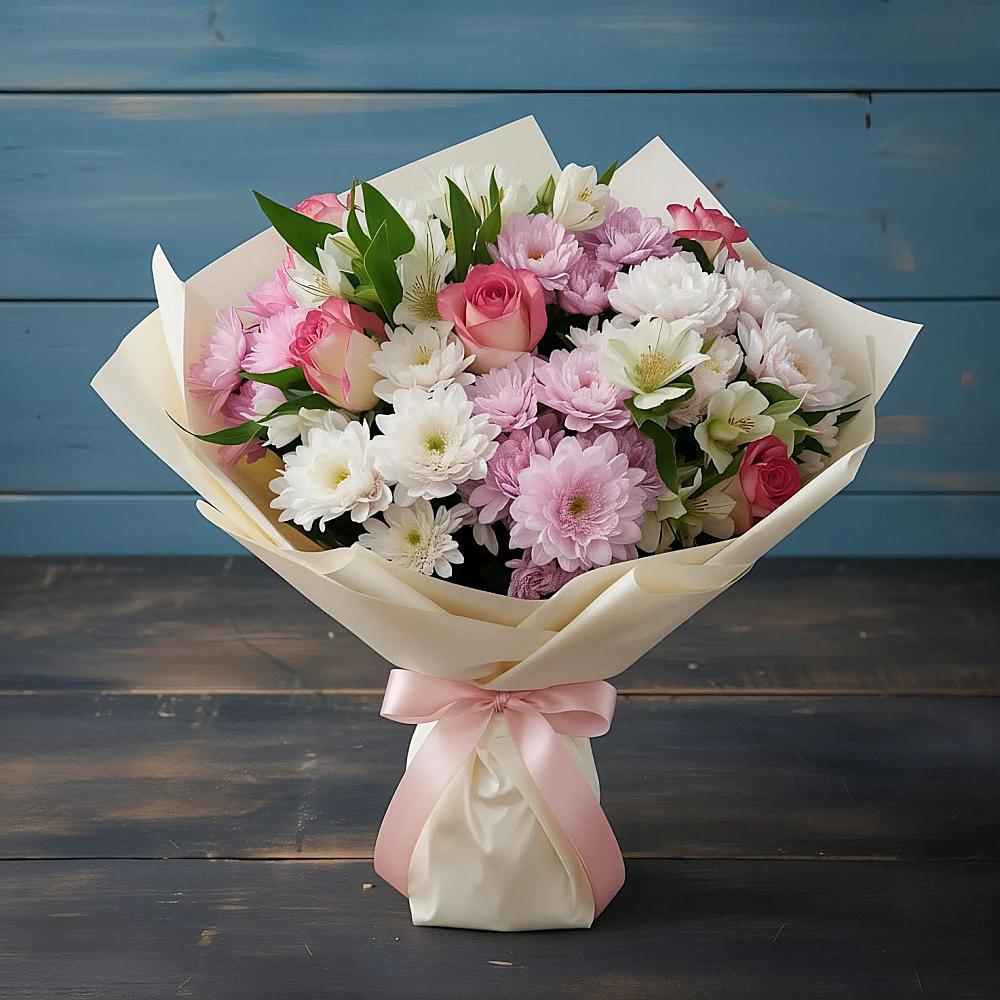 Букет цветов из: Хризантемы, Альстромерии и Розы в Ерзовке